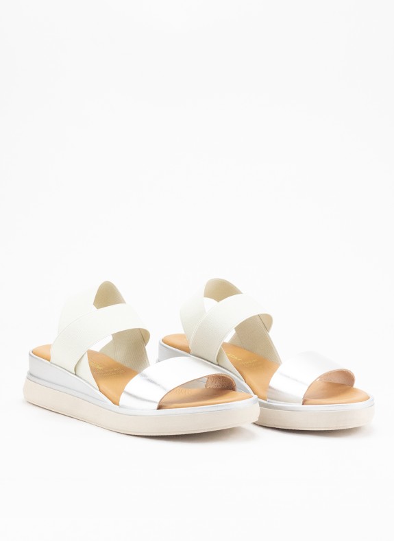 Sandale Argentée en Cuir avec Talon Compensé pour Femme