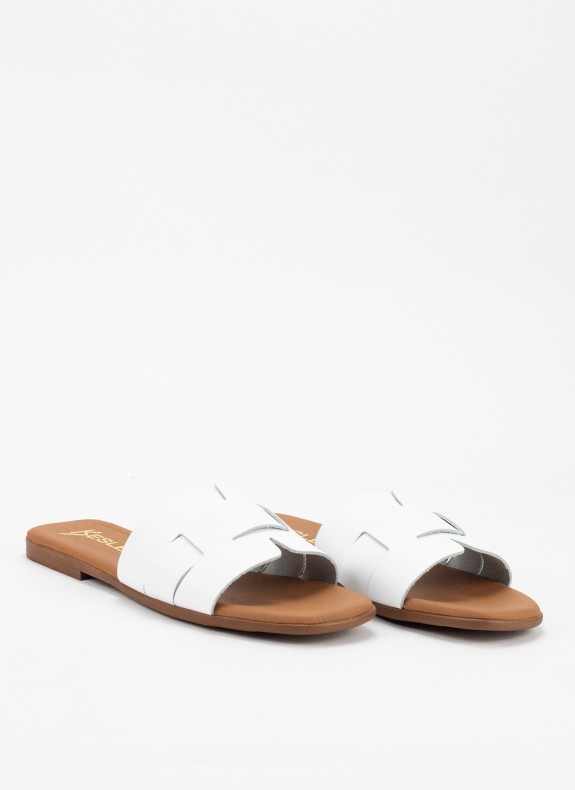 Sandale Plate en Cuir pour Femme de Couleur Blanche