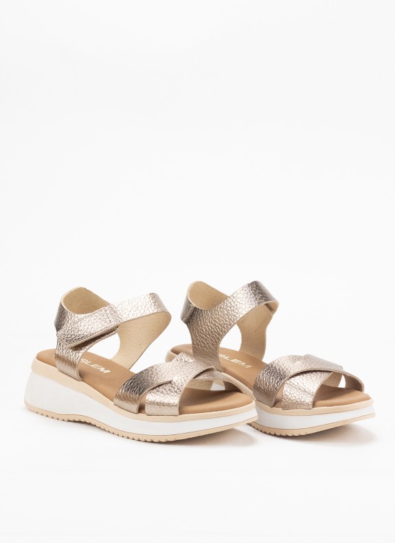 Sandale en Cuir avec Semelle Compensée pour Femme en Couleur Or