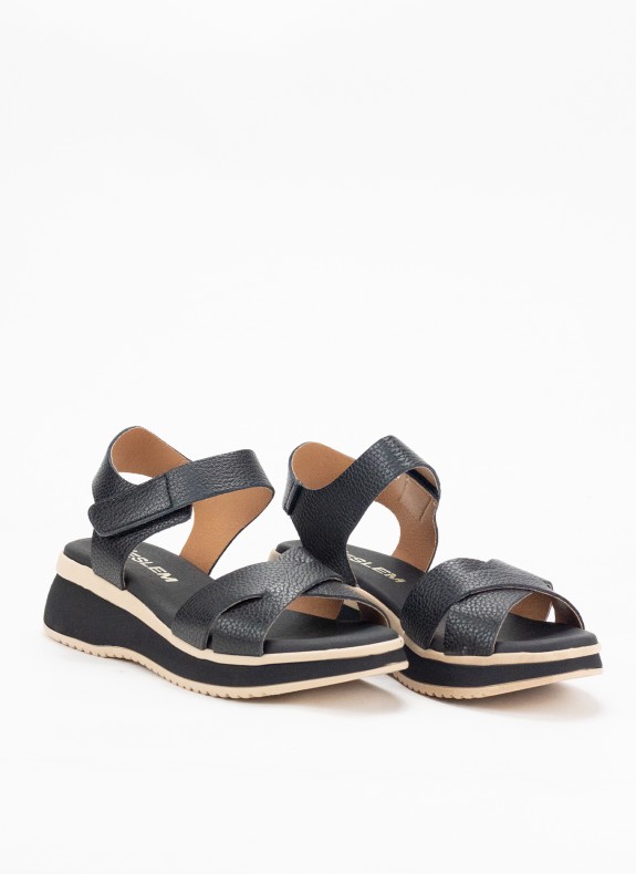 Sandale en Cuir avec Compensée pour Femme en Couleur Noire