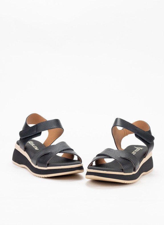 Sandale en Cuir avec Compensée pour Femme en Couleur Noire