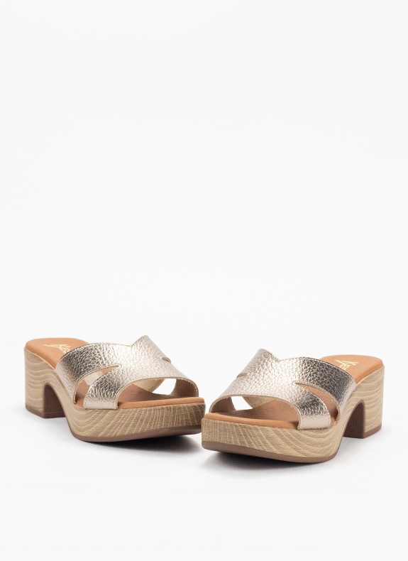 Zueco de Piel con Tacón para Mujer en Color Oro