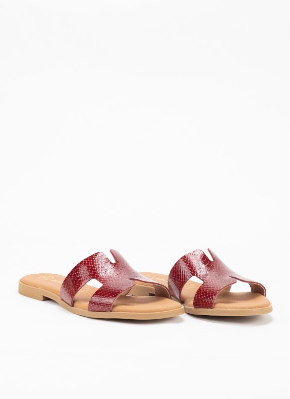 Sandale Plate en Cuir pour Femme en Couleur Serpent Rouge