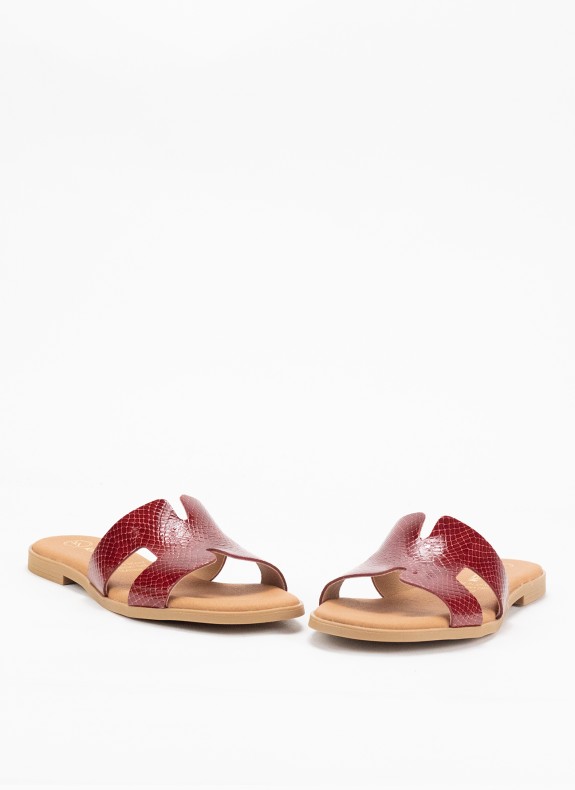 Sandale Plate en Cuir pour Femme en Couleur Serpent Rouge