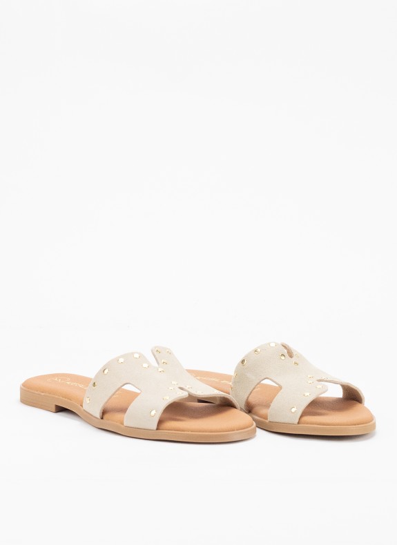 Sandale Plate en Cuir pour Femme de Couleur Beige