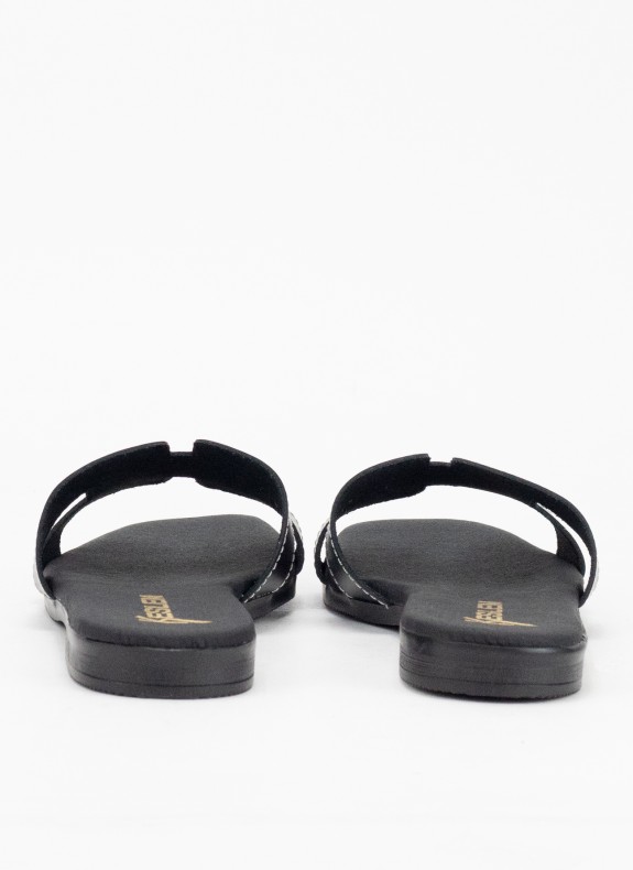 Sandale Plate en Cuir pour Femme de Couleur Noire