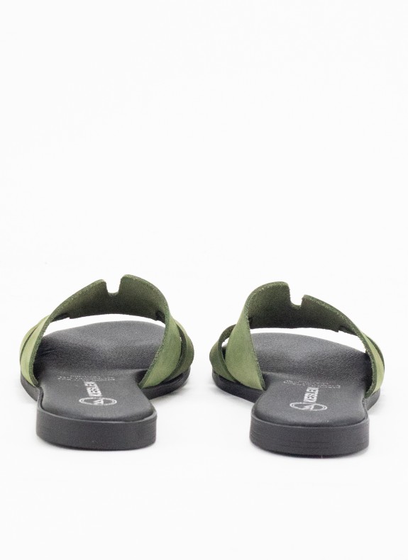 Sandale Plate en Cuir pour Femme Couleur Kaki