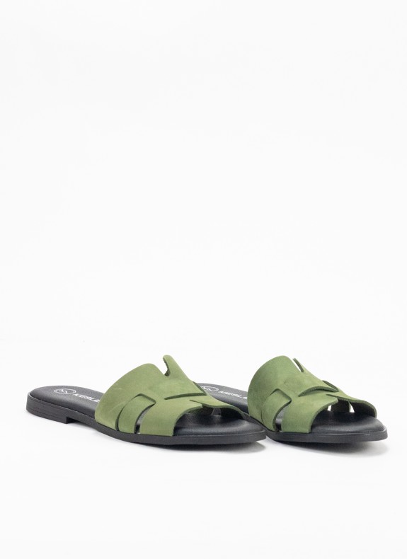 Sandale Plate en Cuir pour Femme Couleur Kaki