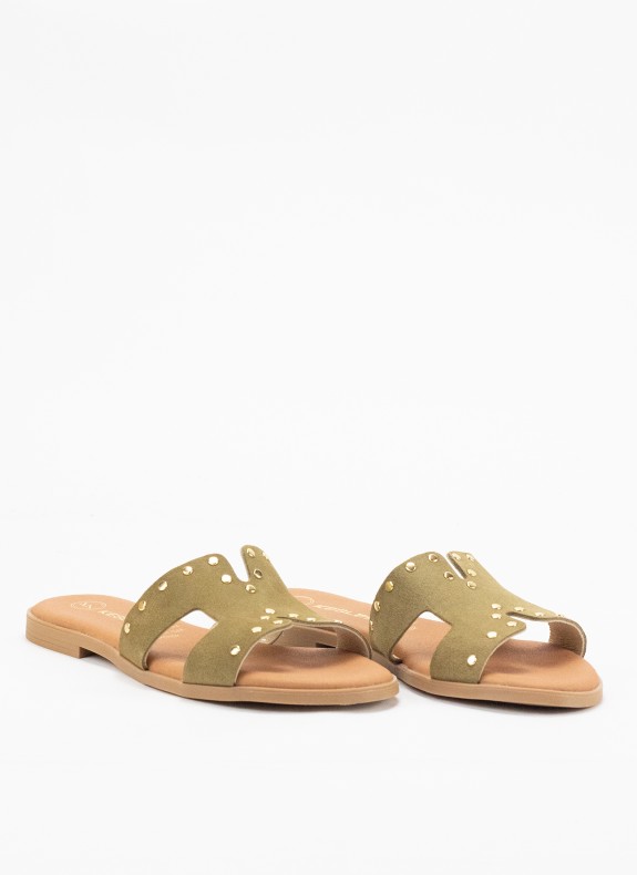 Sandale Plate en Cuir pour Femme Couleur Kaki