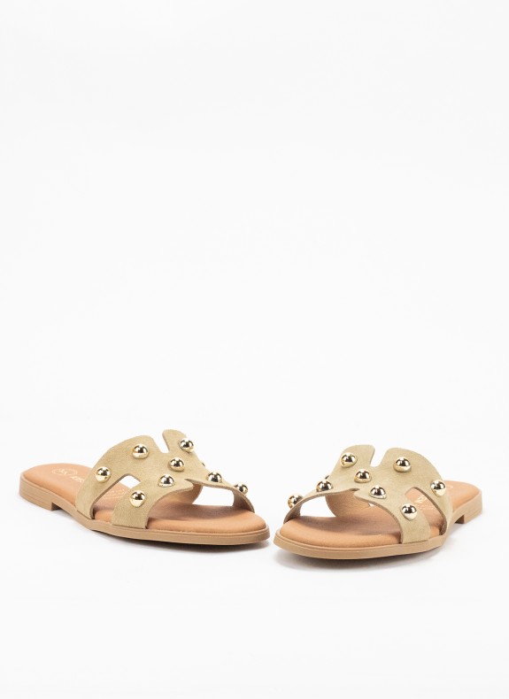 Sandale Plate en Cuir pour Femme de Couleur Beige