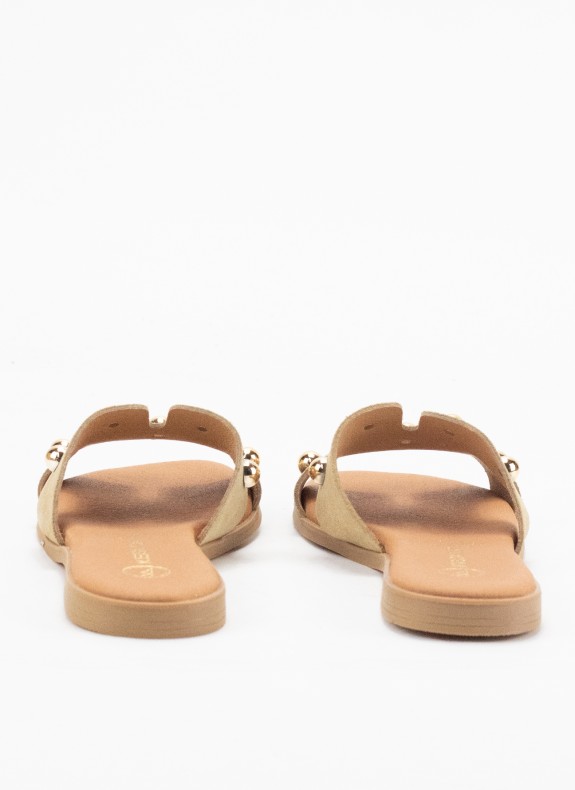 Sandale Plate en Cuir pour Femme de Couleur Beige