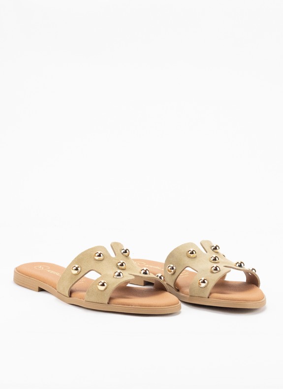 Sandale Plate en Cuir pour Femme de Couleur Beige