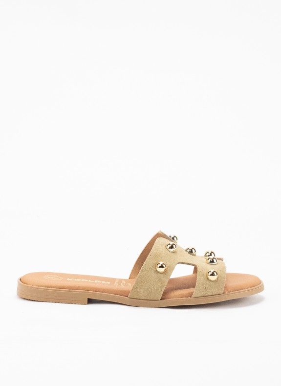 Sandale Plate en Cuir pour Femme de Couleur Beige