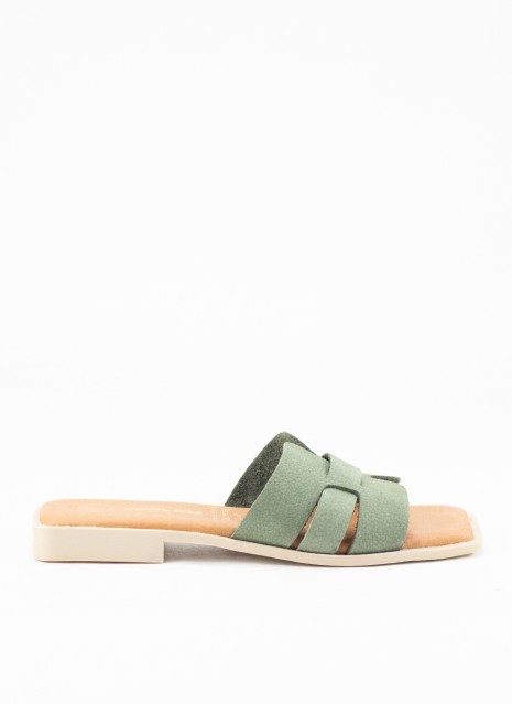 Sandale Plate en Cuir pour Femme Couleur Kaki