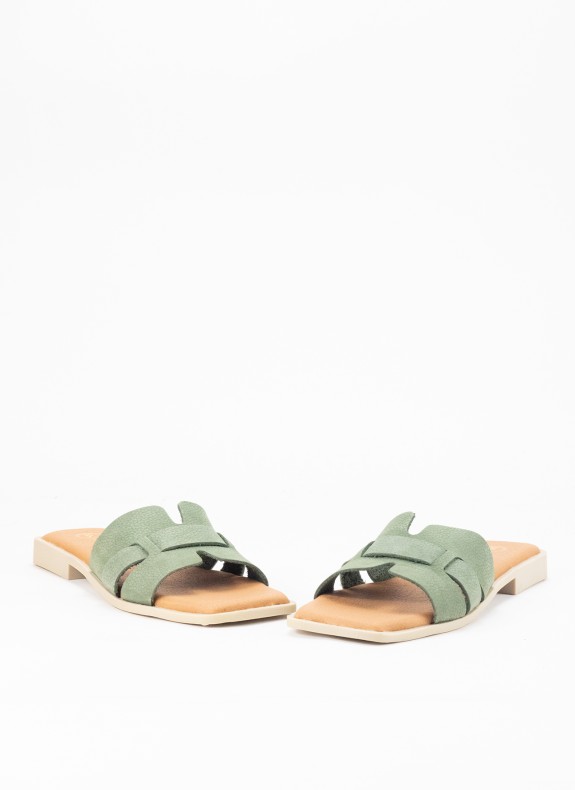 Sandale Plate en Cuir pour Femme Couleur Kaki