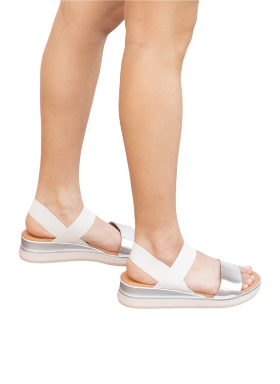 Sandale Argentée en Cuir avec Talon Compensé pour Femme