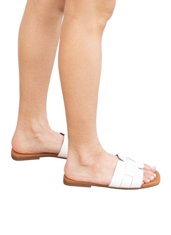 Sandale Plate en Cuir pour Femme de Couleur Blanche