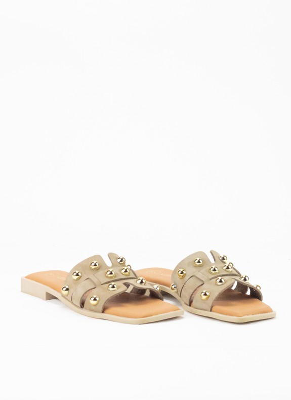 Sandale Plate en Cuir pour Femme Couleur Nubuck Taupe