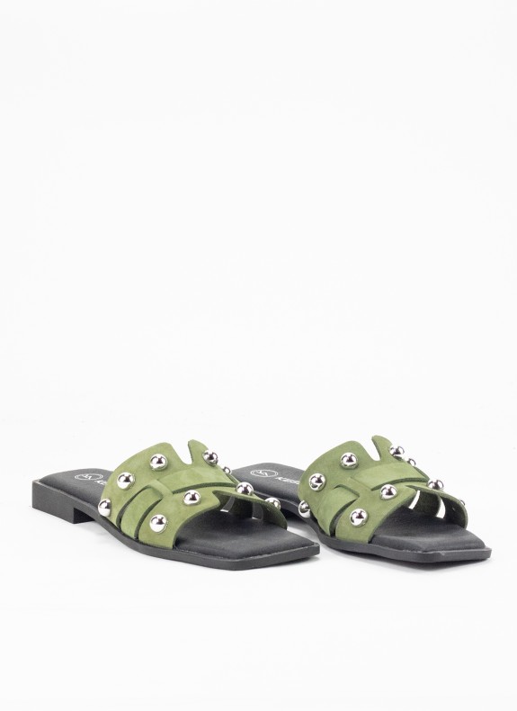 Sandale Plate en Cuir pour Femme Couleur Kaki