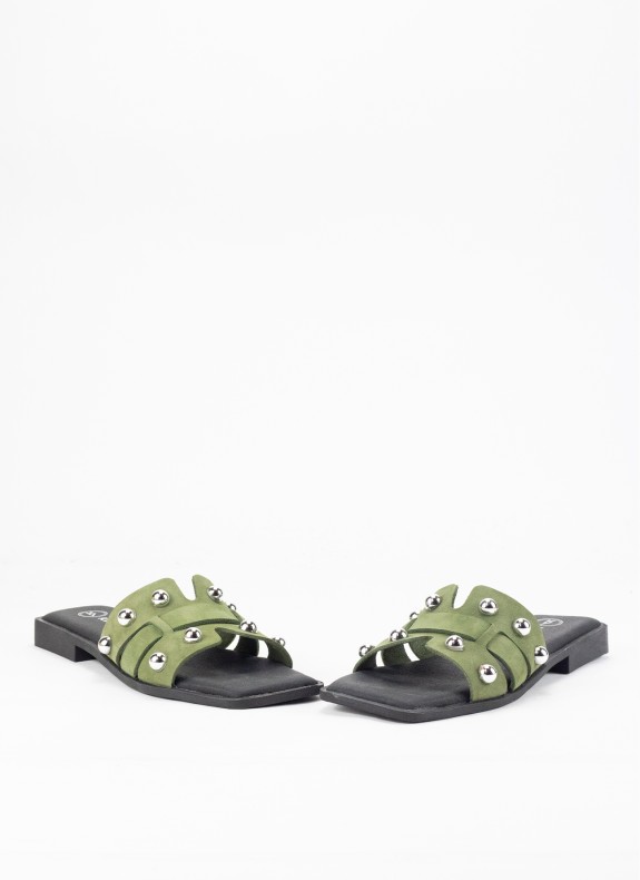 Sandale Plate en Cuir pour Femme Couleur Kaki