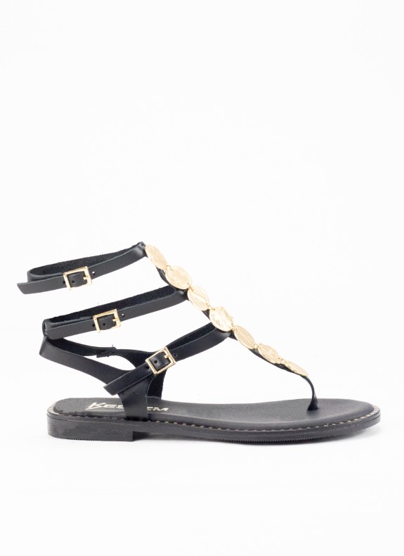 Sandale Plate en Cuir pour Femme de Couleur Noire avec Clous