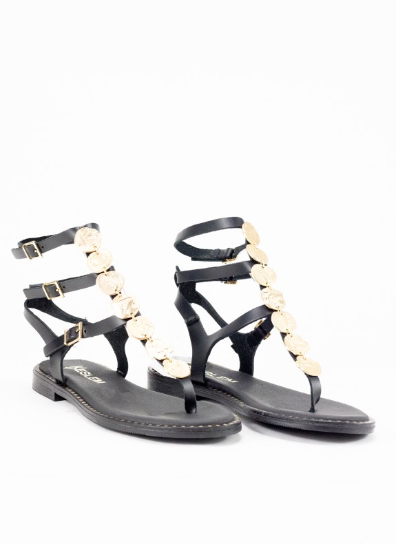 Sandale Plate en Cuir pour Femme de Couleur Noire avec Clous