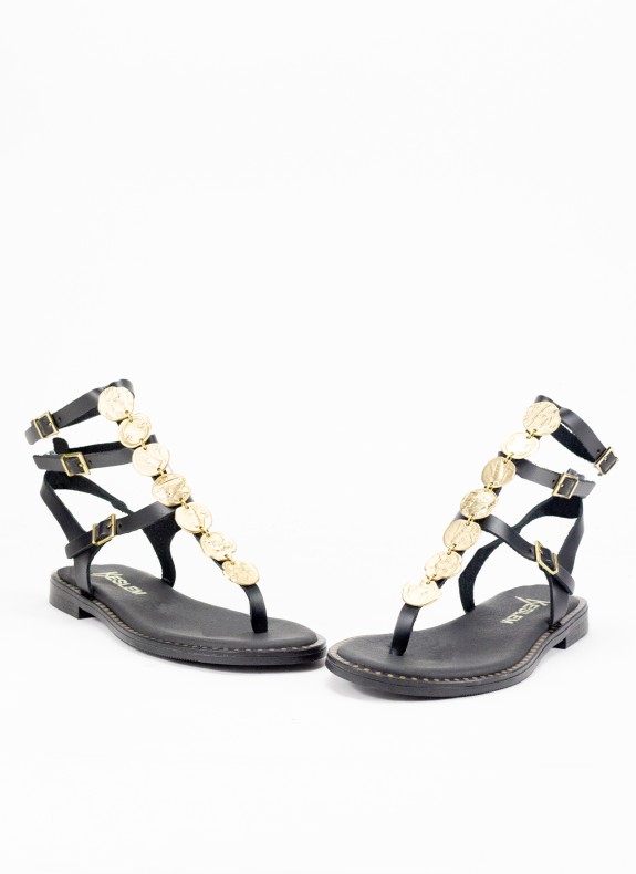 Sandalia Skin Plana für Damen in Schwarz Farbe mit Tachuelas