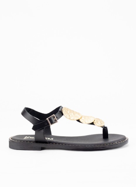 Sandalia Plana de Piel para Mujer en Color Negro con Tachuelas Doradas