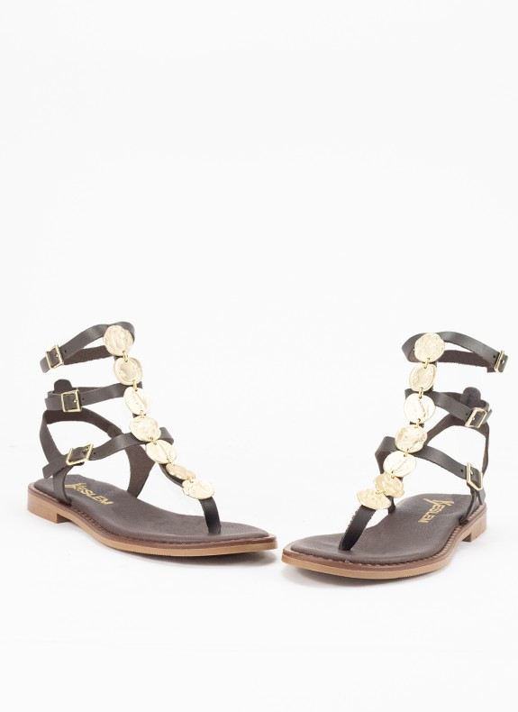 Sandale Plate en Cuir pour Femme de Couleur Marron avec Clous