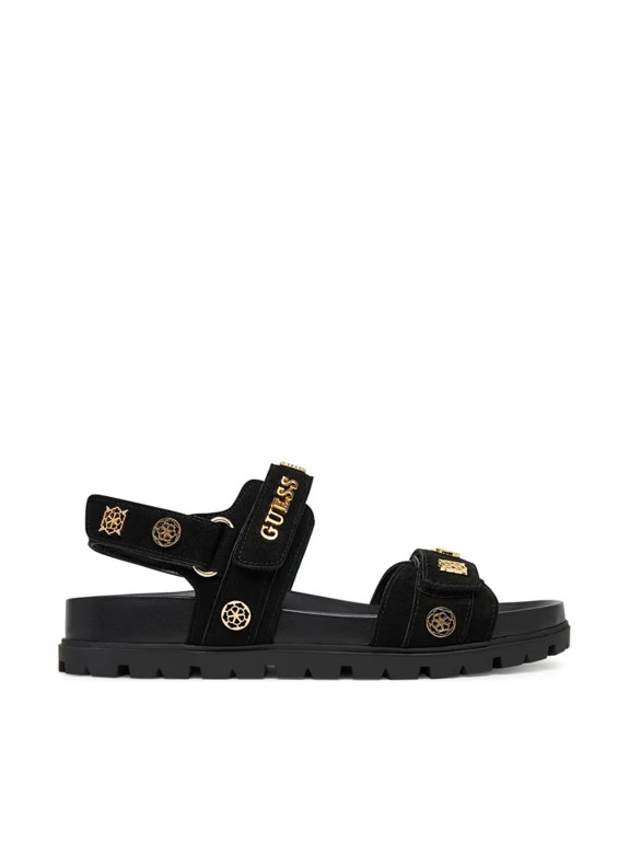 Sandalia Guess Florizy Negra con Detalles Metálicos Dorados