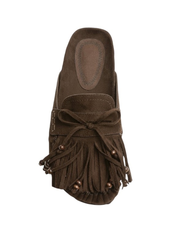 Zueco boho destalonado de ante con flecos para mujer