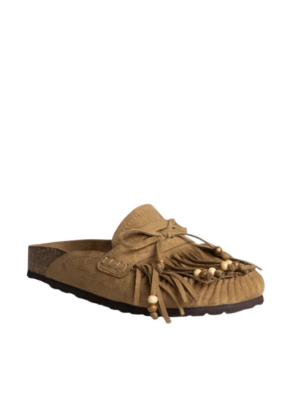 Zueco boho destalonado de ante con flecos para mujer