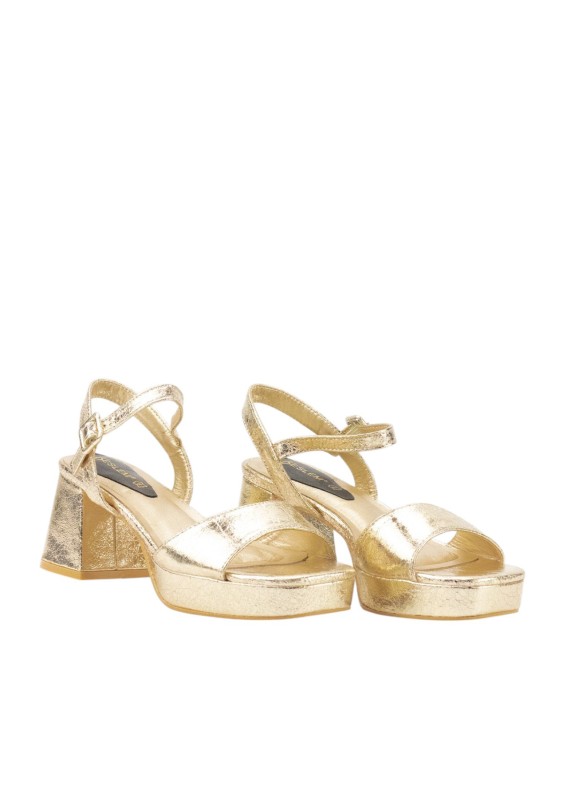 Goldene Sandale mit Absatz und Schnallenverschluss für Damen