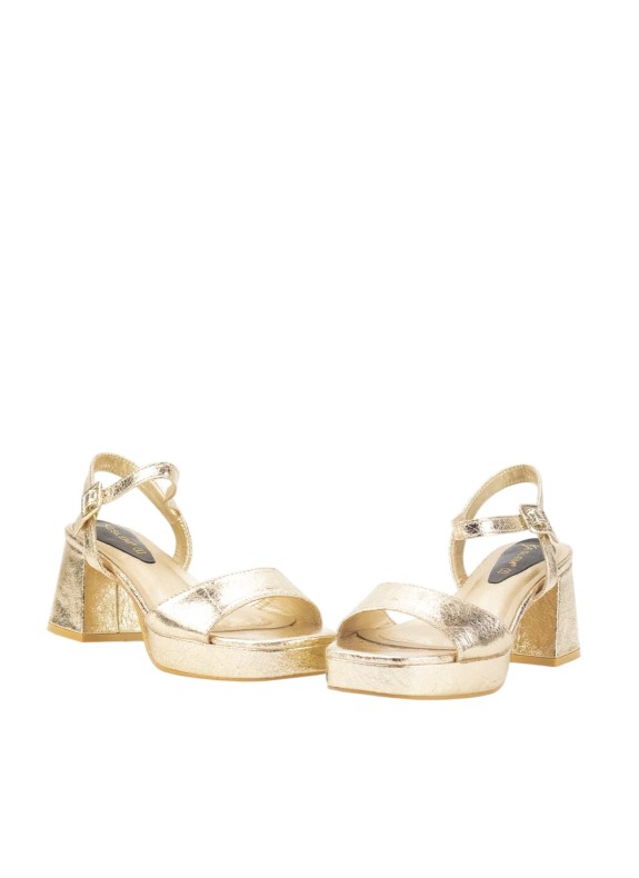 Goldene Sandale mit Absatz und Schnallenverschluss für Damen