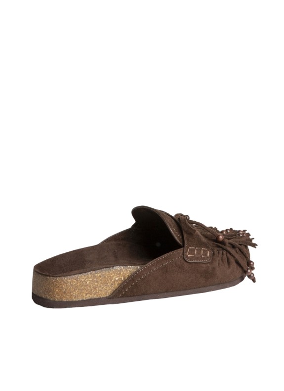 Zoccolo boho aperto sul tallone in camoscio con frange per donna
